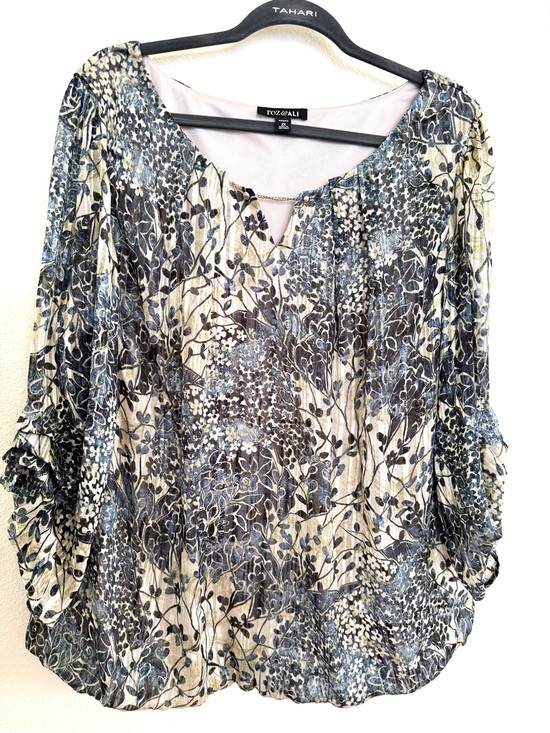 Roz & Ali Tops - Roz & Ali Blouse Womens 2X Blue Beige 3/4 Sleeve Elastic Hem Lightweight